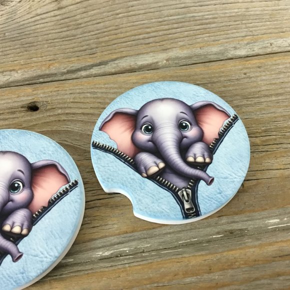 Elephant Peek-a-Boo Zipper Car Coasters Set of 2 - Picture 4 of 6